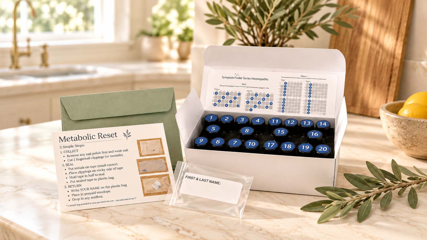 The Metabolic Reset kit open on a sunlit kitchen counter: twenty numbered homeopathic remedy vials in a foam insert, a three-step nail sample instruction card, and a prepaid return envelope.