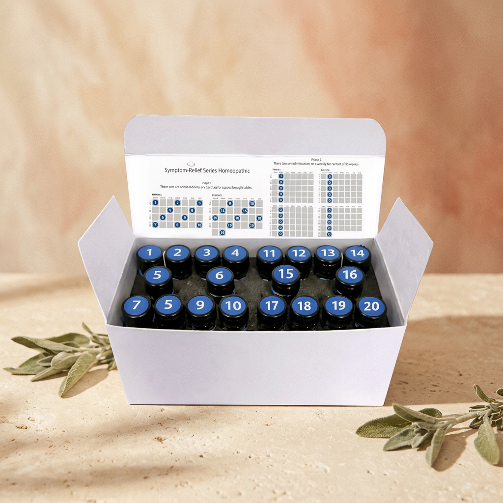 Numbered homeopathic remedy vials in their kit box with the dosing chart