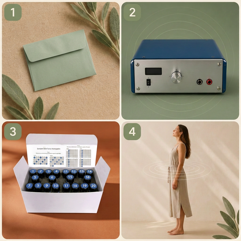 Four-step process: fingernail sample, personal generator, remedy kit, body reset
