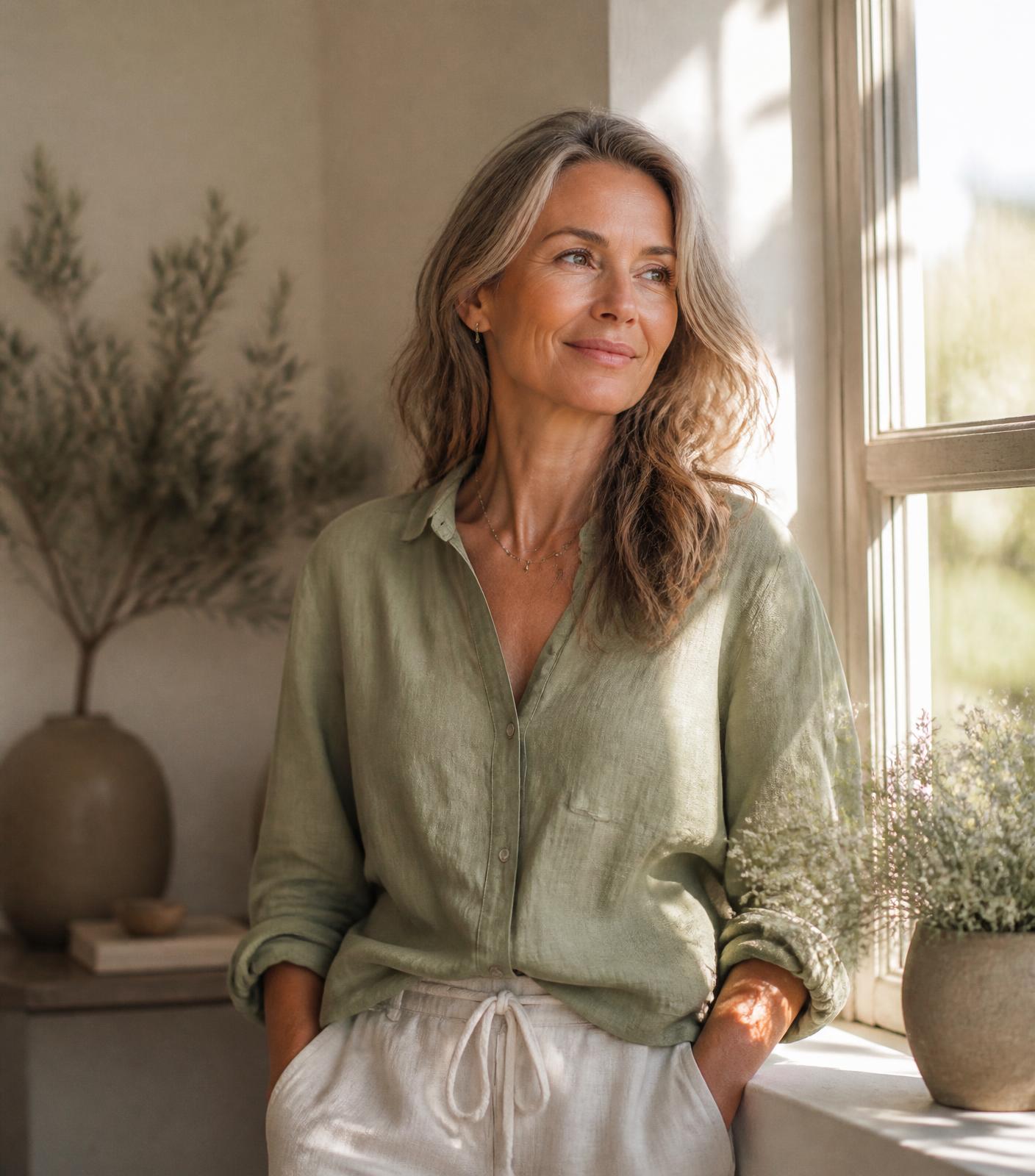 A calm woman in linen standing in warm morning light